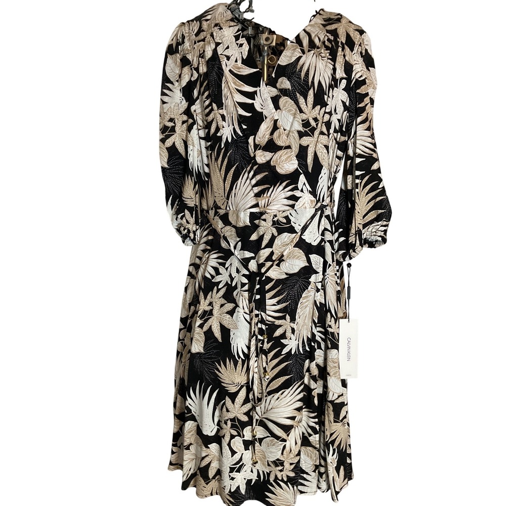 Calvin Klein Women Black Tropical Leaf Print Midi Wrap Dress Tie Waist